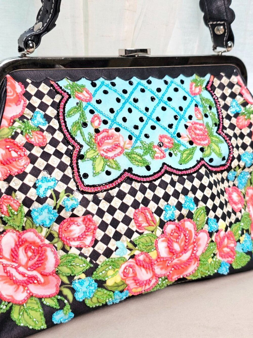 Isabella Fiore Beaded Frame Handbag Floral Patchwork Black Multi Vintage - Picture 8 of 13